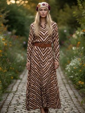Jaded Gypsy L/XL Long Zebra-Stripe Maxi Shirt Dress - Brown/Black